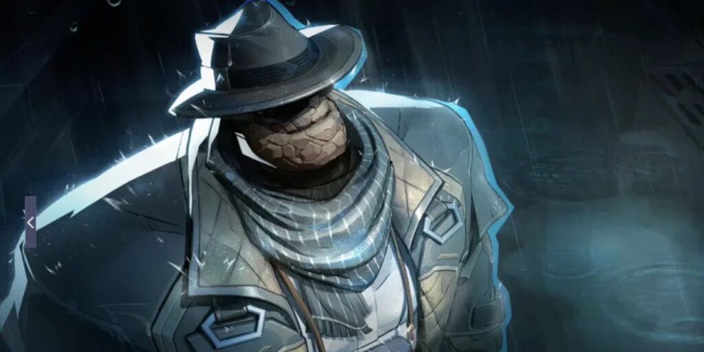A mysterious figure of The Thing with a hat and trench coat stands in the rain, partially obscured, exuding an enigmatic aura.