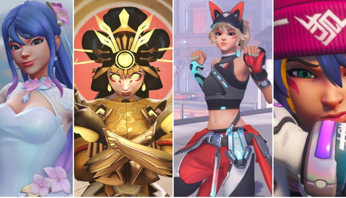 A mixed collage with Overwatch character Kiriko in different skins