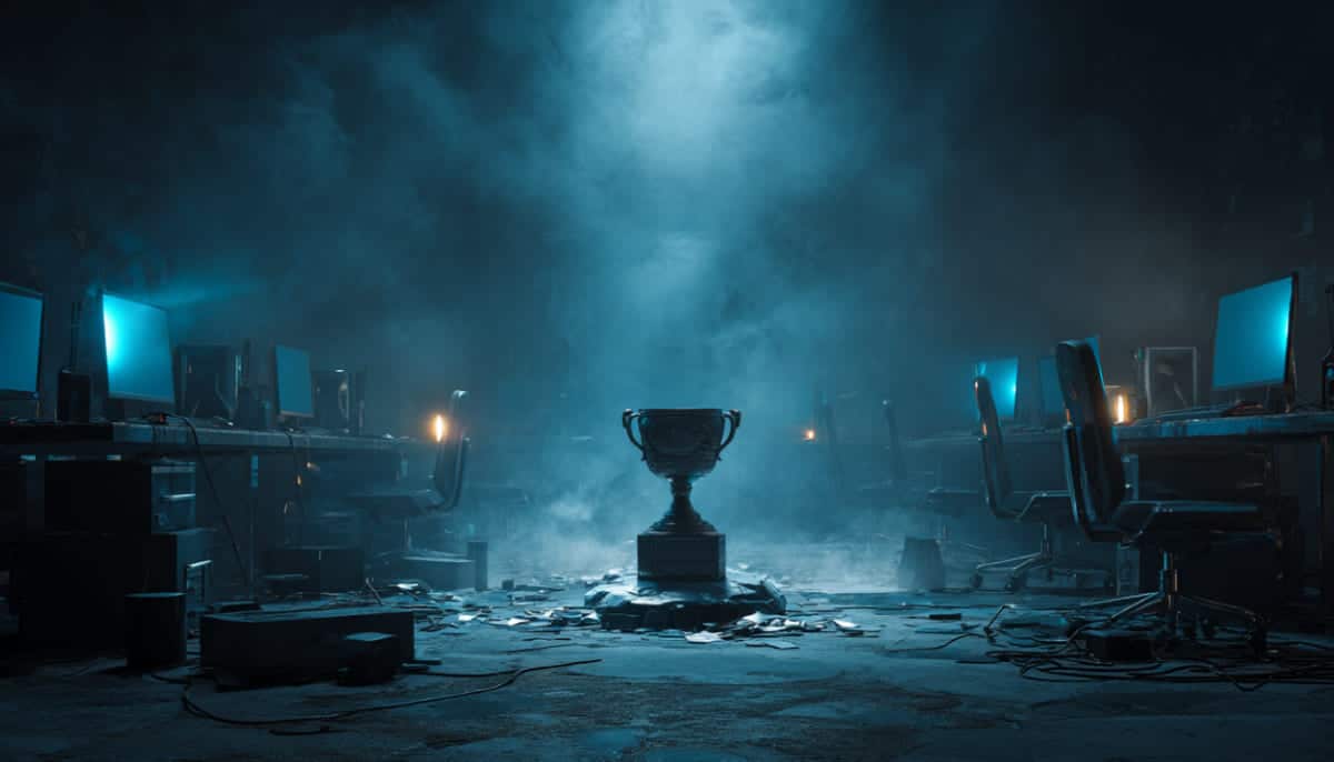 A dimly lit gaming room shrouded in smoke, featuring a trophy on a pedestal surrounded by empty desks and glowing computer screens.