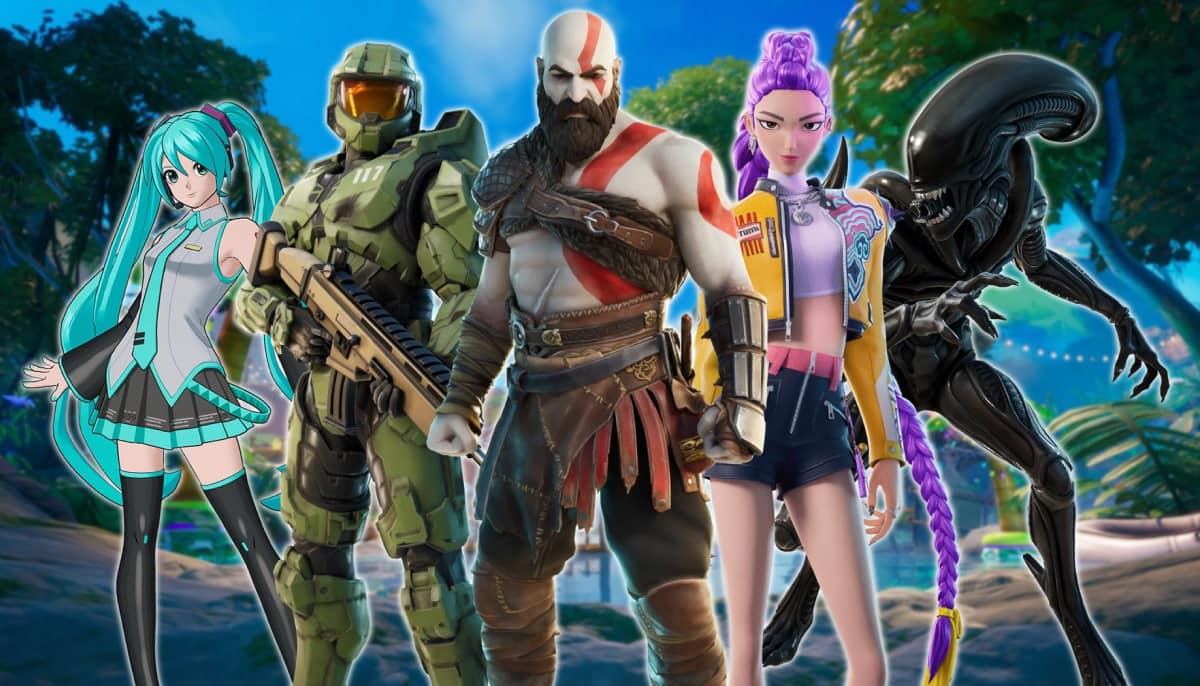 Fortnite characters including Hatsune Miku, Master Chief, Kratos, Rumi, and the Xenomorph stand in a line