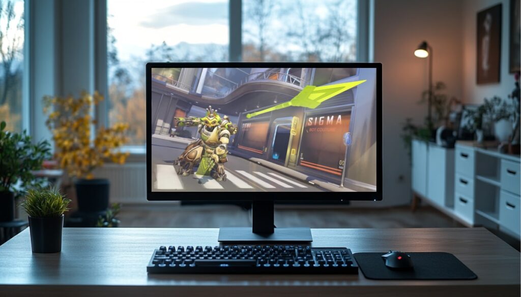 Computer screen displaying Overwatch gameplay with a tank hero in action, illustrating top tank builds for Overwatch Stadium's new 2025 mode, in a cozy home office setting.
