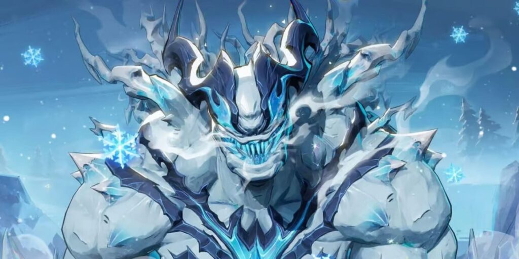 A powerful ice giant Venom with a fierce expression, adorned with icy spikes and glowing blue accents, set against a snowy backdrop.
