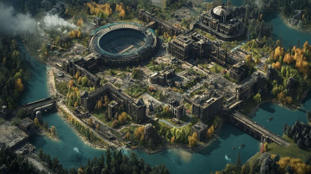 Aerial view of a large, abandoned city map with a central stadium surrounded by water, forests, and industrial buildings — inspired by Verdansk from Call of Duty: Warzone.