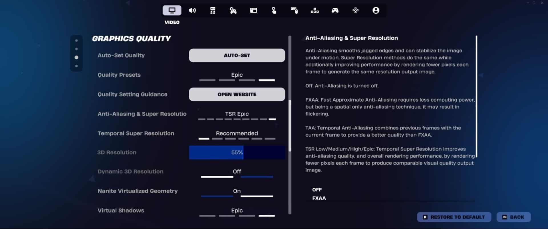 Settings menu screenshot showing graphics quality options. Left panel includes auto-set, presets, temporal resolution, and virtual shadows. Right panel explains anti-aliasing and super resolution details