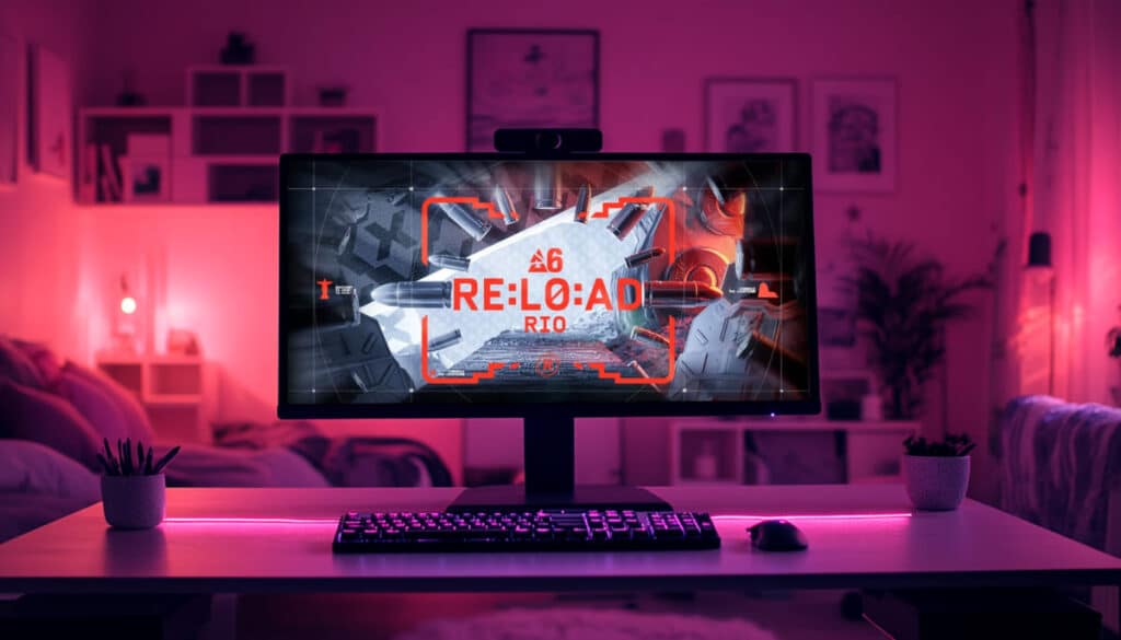A computer monitor displays "A6 RE:LOAD RIO" in a gaming-themed design, with vibrant lighting in a cozy room setting.