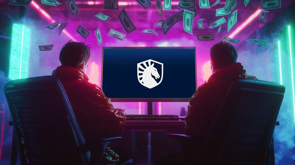 Two gamers sit facing a monitor with the Team Liquid logo as dollar bills rain down — symbolizing the org’s growing net worth and esports success.