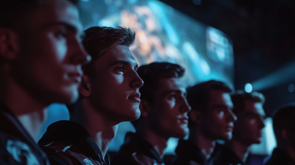 A focused lineup of professional esports players standing in a row under stage lights, with the League of Legends Summoner’s Rift map projected behind them, capturing the intensity of the 2025 LoL Mid-Season Invitational qualifiers.