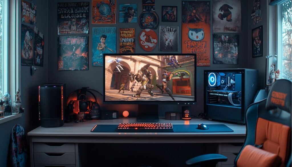 Overwatch gameplay displayed on a monitor in a stylish gaming setup, surrounded by posters, highlighting the game's lasting cultural impact and immersive worldbuilding.