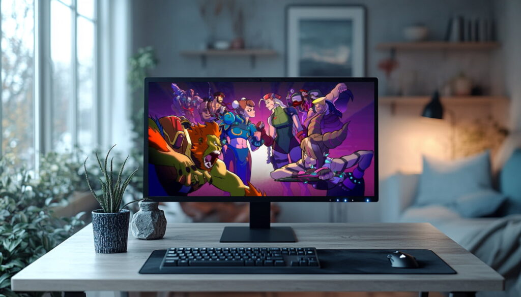 Overwatch 2 x Street Fighter crossover image displayed on a monitor in a cozy home office.
