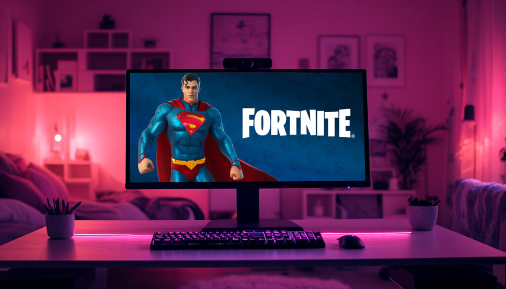 A computer monitor in a gaming setup displays Superman and the Fortnite logo, hinting at superhero abilities possibly coming in Fortnite Chapter 6 Season 4.
