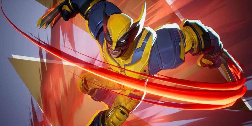 Wolverine in a dynamic pose, sporting his iconic yellow and blue suit, brandishes claws with a fierce expression against a vibrant background.