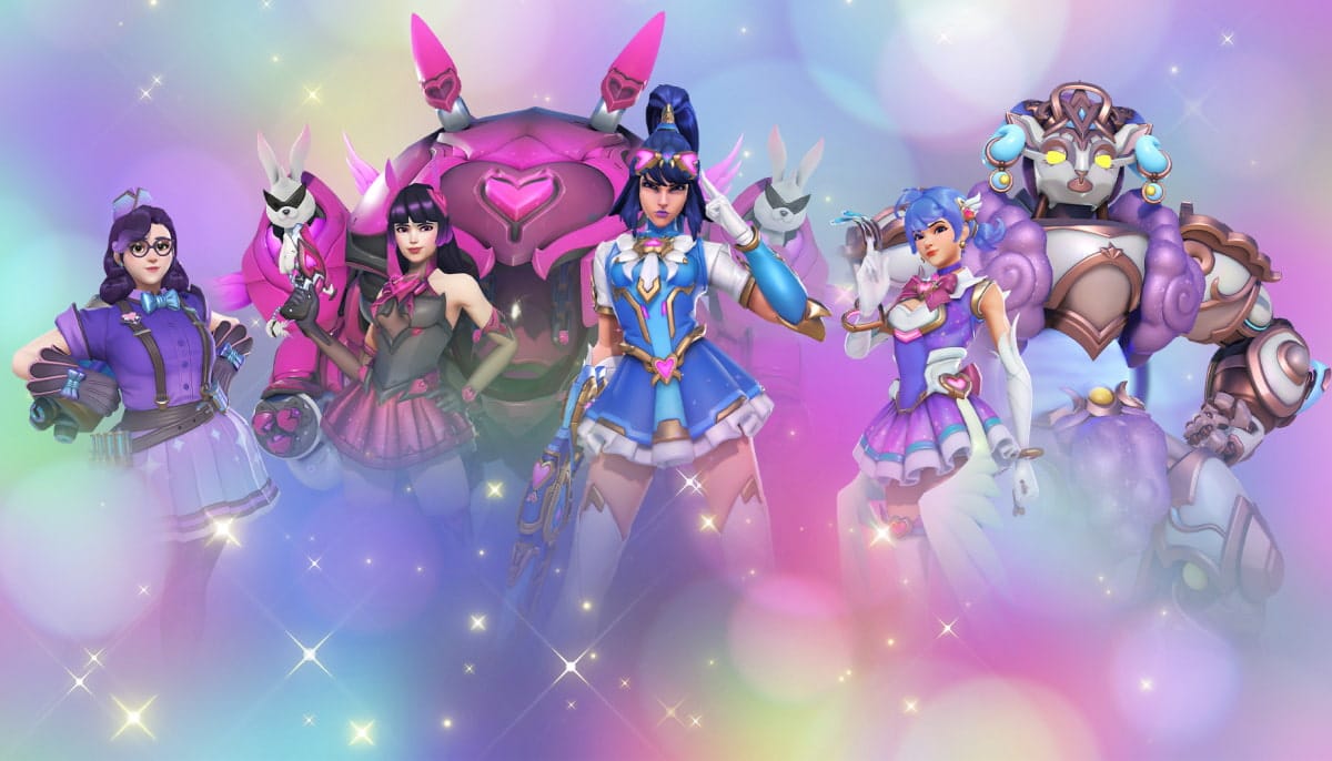 A group of colorful, dynamic Overwatch characters in diverse outfits stand confidently against a sparkling, pastel background