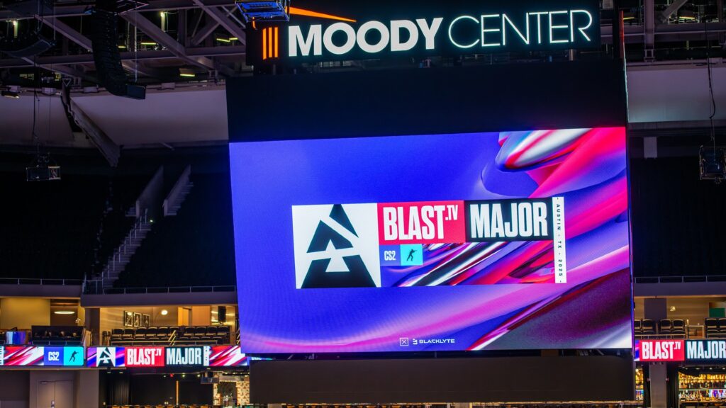 Image of BLAST.tv Austin Major logo projected on a large screen at the Moody Center