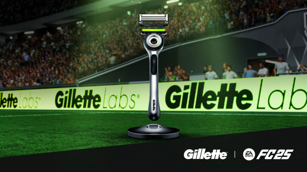 Image of EA Sports FC and Gillette logos in bottom right corner with a razor blade in the centre of a football pitch