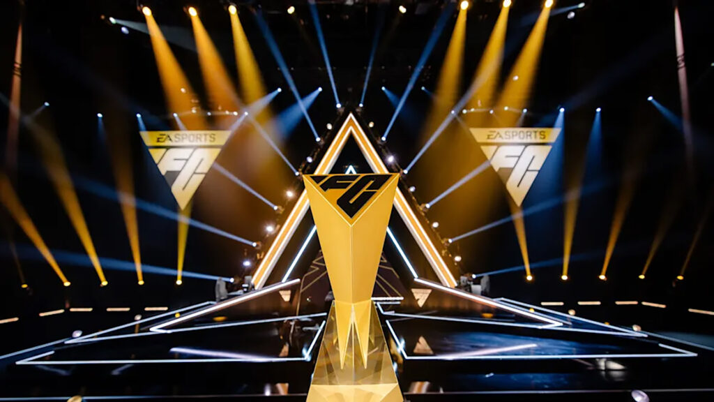 Image of FC Pro World Championship trophy on an EA Sports FC esports stage