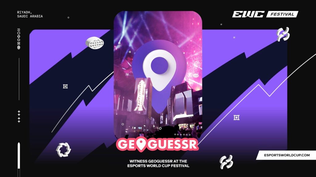 Image of Geoguessr placed in background of Boulevard City skyline. The image is surrounded by the Esports World Cup logo and, purple pattern, and a black border