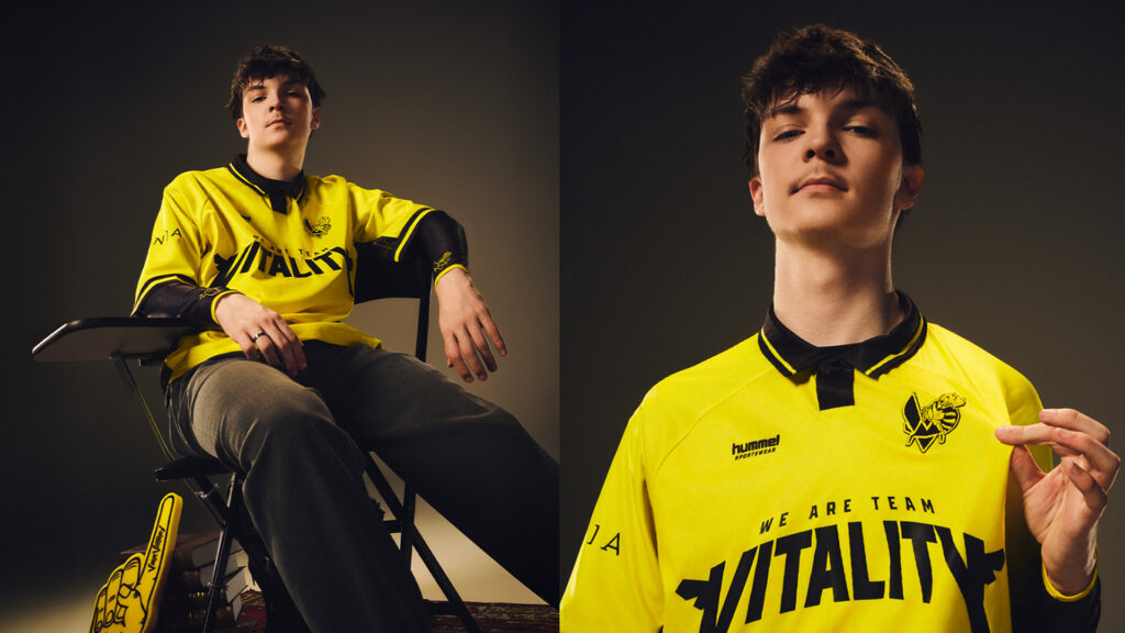 Image of Team Vitality player wearing America-inspired jersey on a dark background