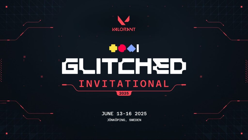 Image of VALORANT Glitched Invitational logo on a dark blue and red background