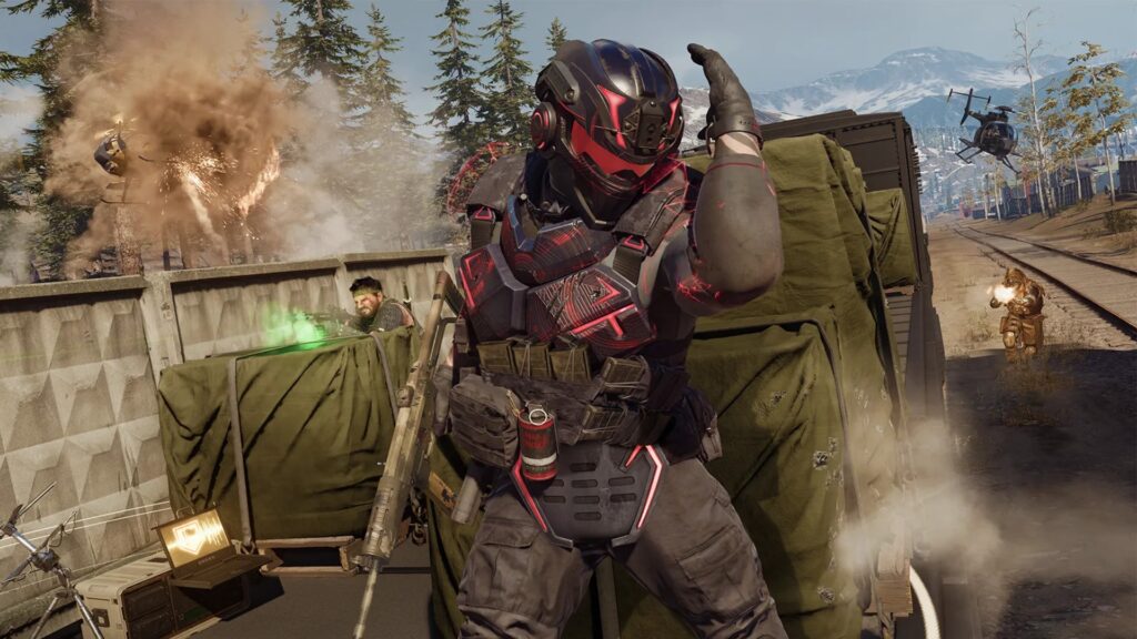Image of Warzone player holding arm near head and assault rifle in other hand. Players firing guns are in the background
