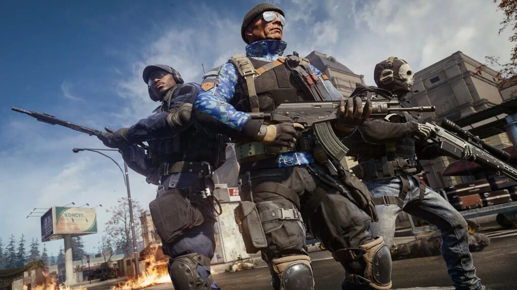 Image of Call of Duty: Warzone players posing with weapons while wearing Ranked Play Operator outfits