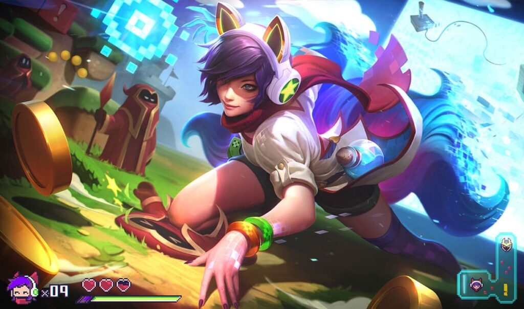 Ahri in her Arcade skin from League of Legends, crawling on a pixelated field with coins, a blue portal, and a retro mini-map