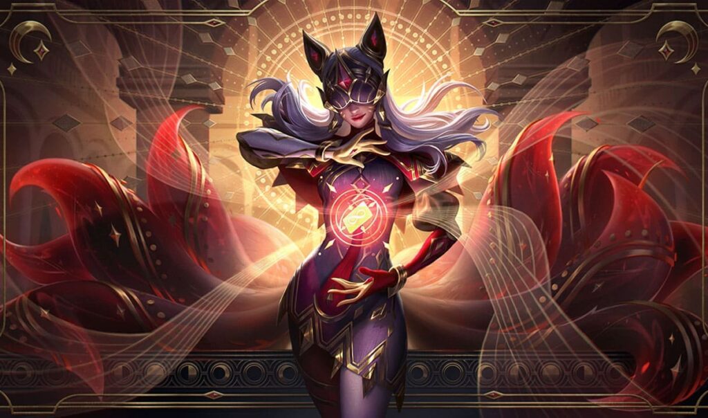 Ahri in her Arcana skin with a mask, glowing red outfit, and mystical tails against a golden backdrop