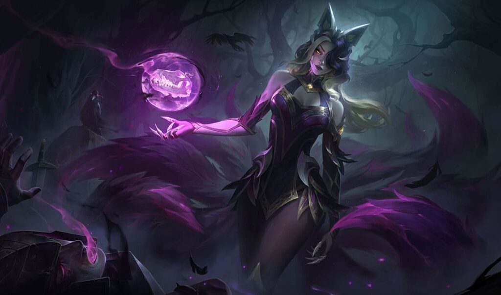 Ahri in her Coven skin, holding a glowing purple orb, with dark tails swirling around her in a shadowy forest