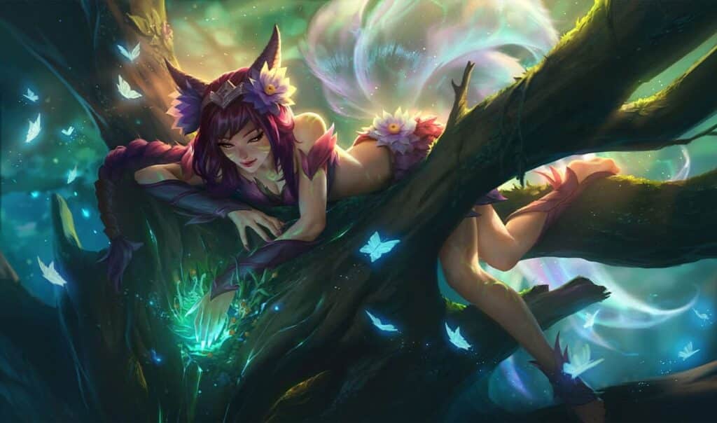 Ahri in her Elderwood skin, lounging on a tree branch surrounded by glowing butterflies and forest magic
