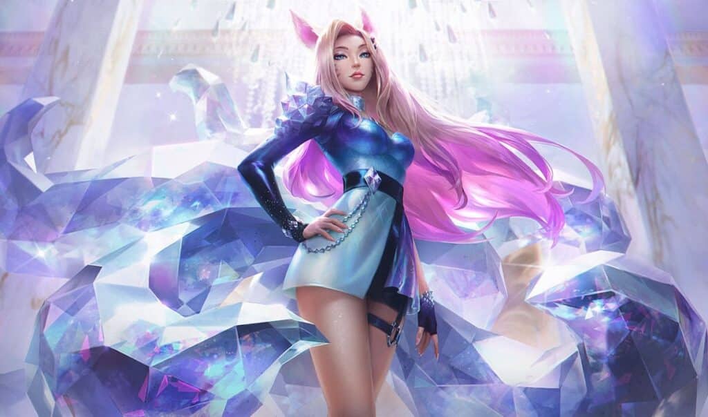 Ahri in her K/DA ALL OUT skin, posing confidently with pink hair and crystal tails in a bright, elegant hall