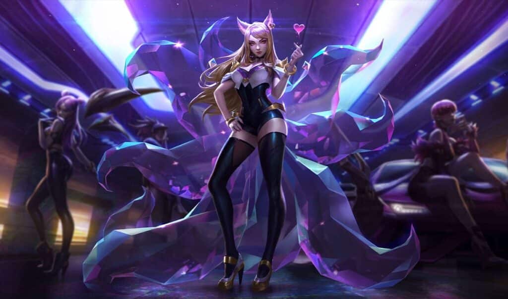 Ahri in her K/DA skin from League of Legends, standing confidently with crystal tails and a glowing heart in a neon-lit setting