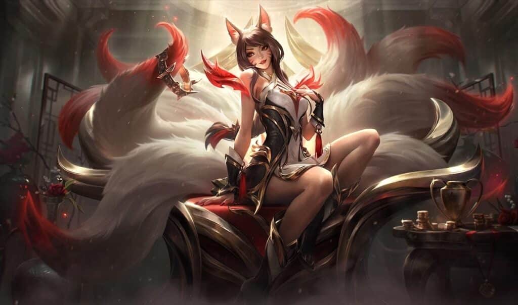 Ahri in her Risen Legend skin, sitting on an ornate throne with white and red-tipped tails, dressed in a regal, armored outfit