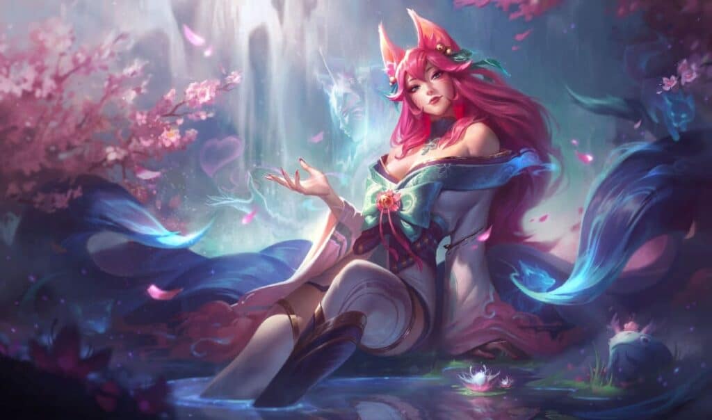 Ahri in her Spirit Blossom skin, sitting in a tranquil pond with cherry blossoms, blue tails, and magical butterflies surrounding her