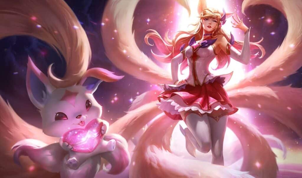Ahri in her Star Guardian skin, winking and posing with flowing tails, alongside a magical fox-like companion holding a glowing heart