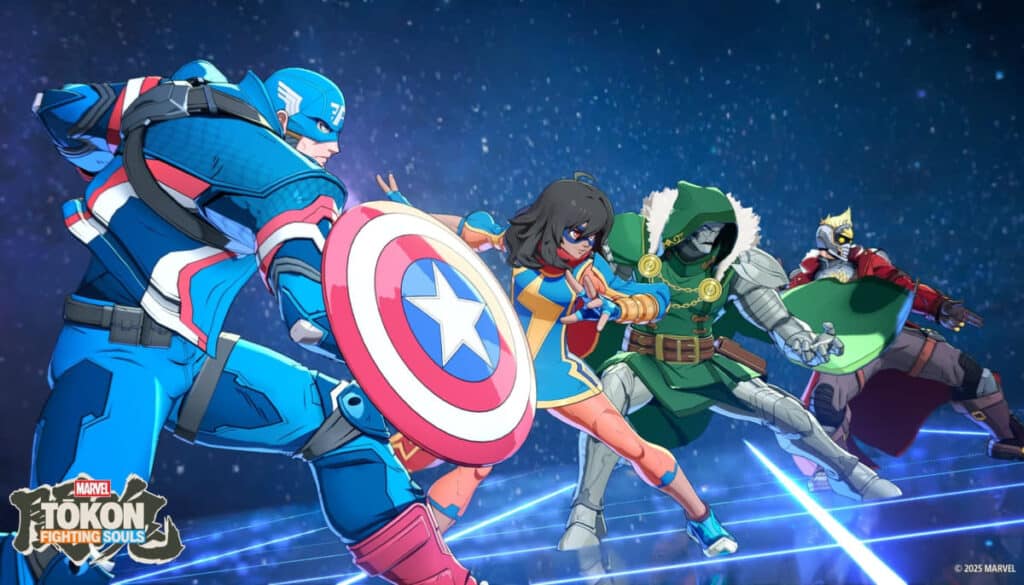 Four iconic Marvel characters strike dynamic poses against a cosmic backdrop, showcasing their superhero costumes and powers.