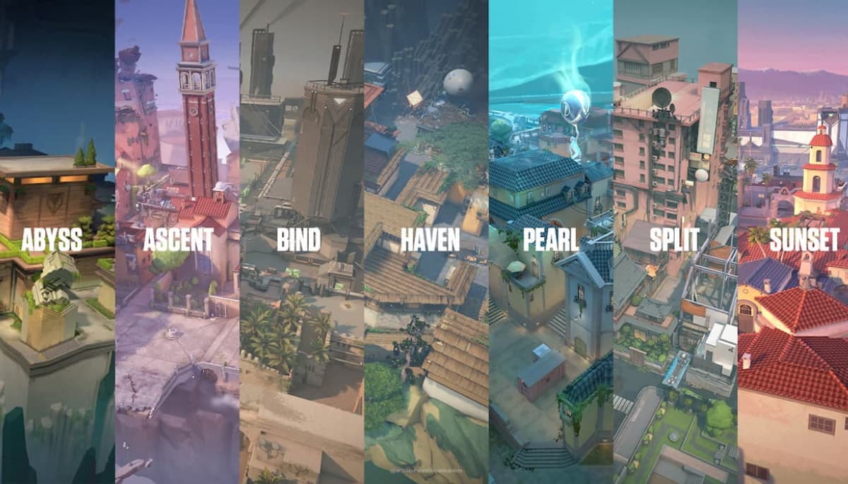 A collage of eight distinct game maps from Valorant, labeled: Abyss, Ascent, Bind, Haven, Pearl, Split, and Sunset.