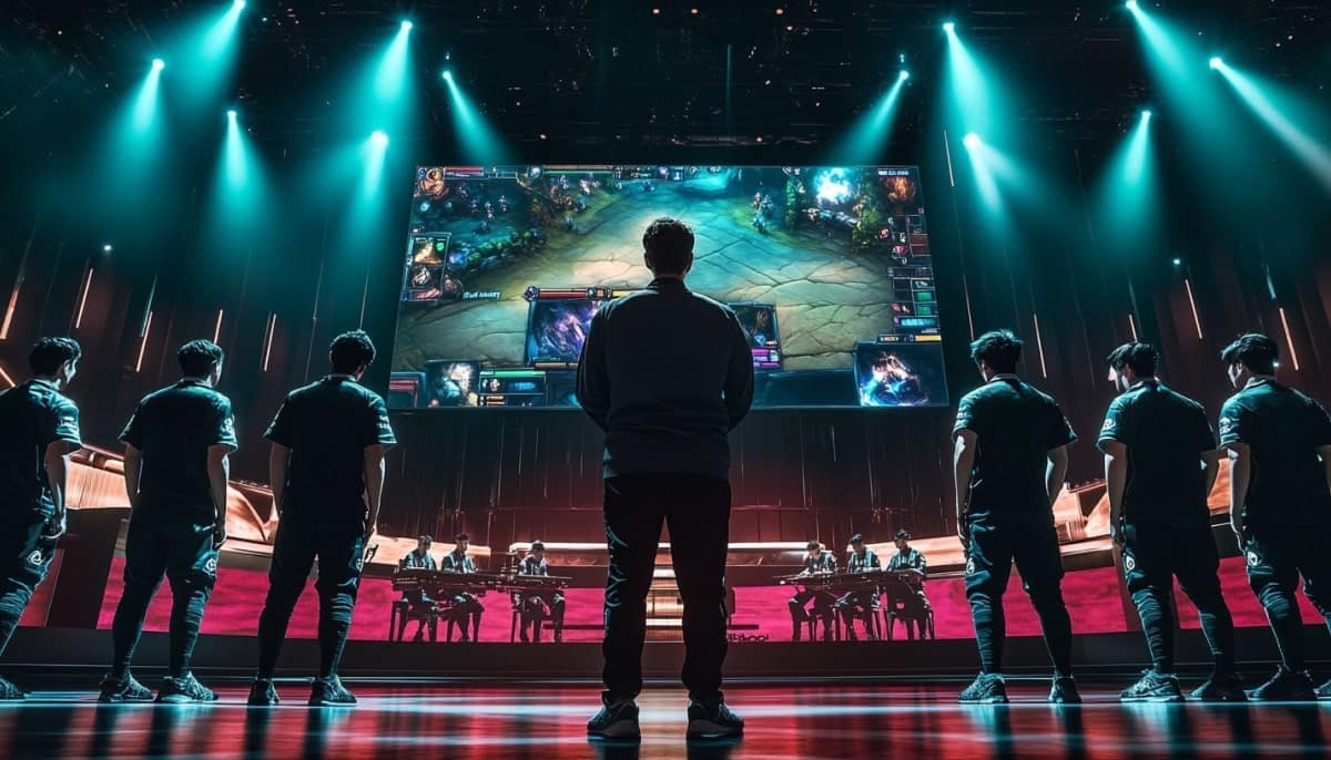 Esports coach standing center stage facing a large screen showing League of Legends gameplay, with two rows of players in team jerseys standing on either side behind him