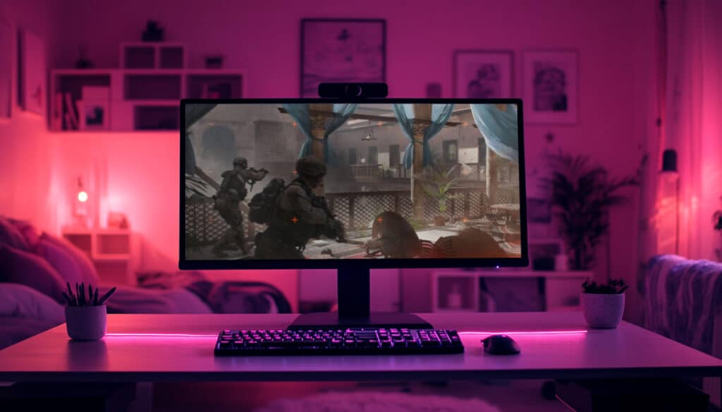 Battlefield Labs concept art with armed soldiers in a courtyard, shown on a monitor in a gaming setup