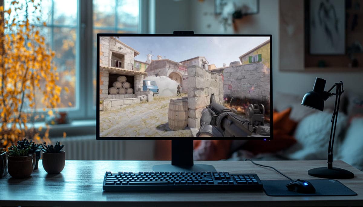 A gaming monitor displays an action scene with a CS2 soldier aiming a weapon in a realistic outdoor environment, featuring buildings and barrels.