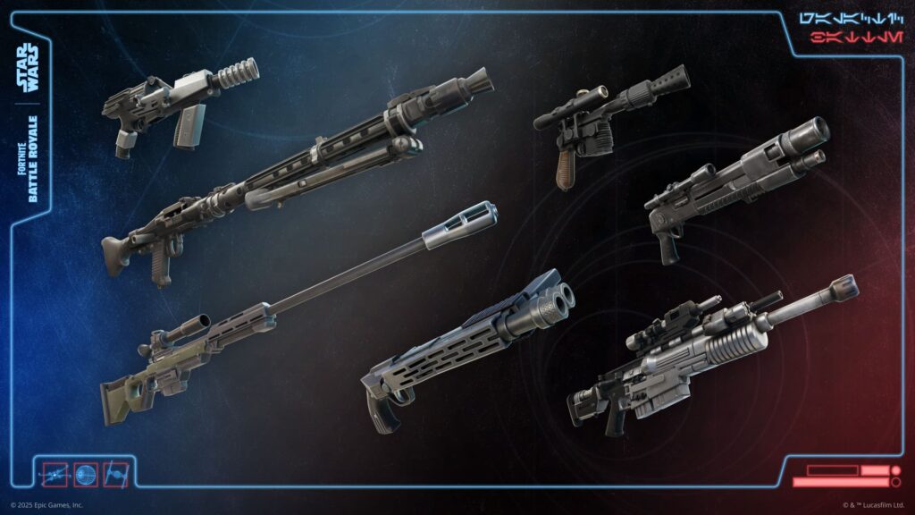 Selection of blasters available during Fortnite’s Star Wars season.