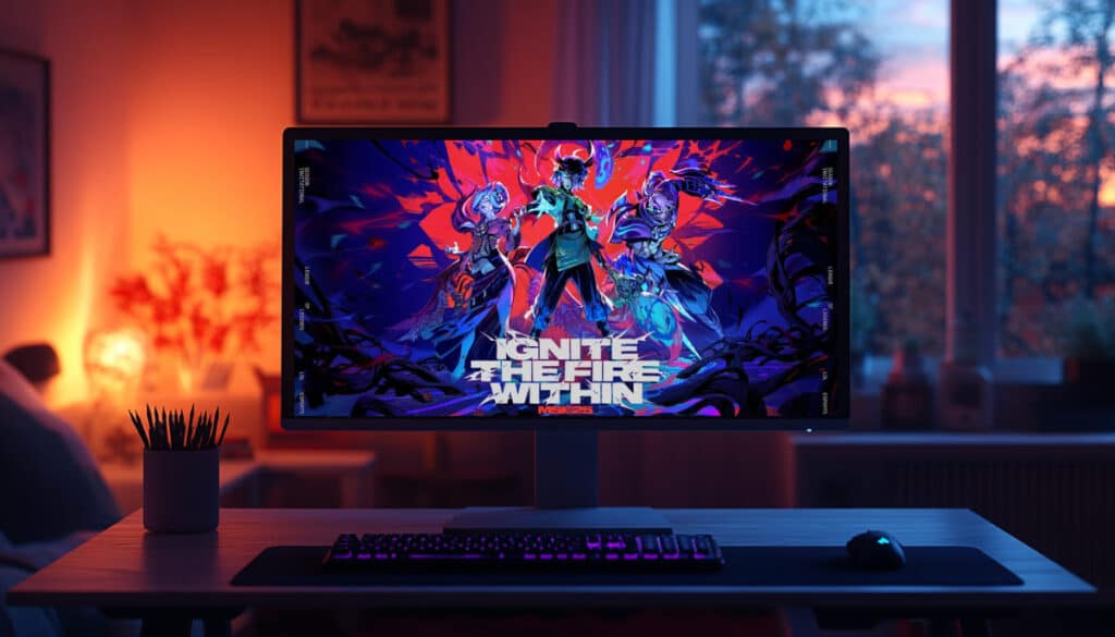 A computer monitor displays vibrant art with the text "Ignite the Fire Within," set in a cozy, dimly lit room.