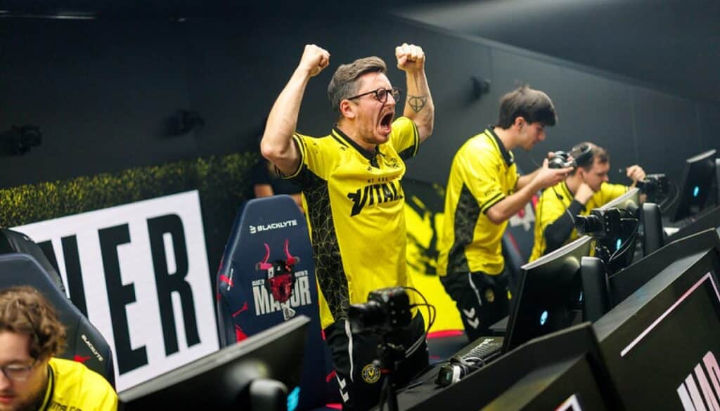 Team Vitality celebrating a victory on stage at the CS2 Austin Major 2025