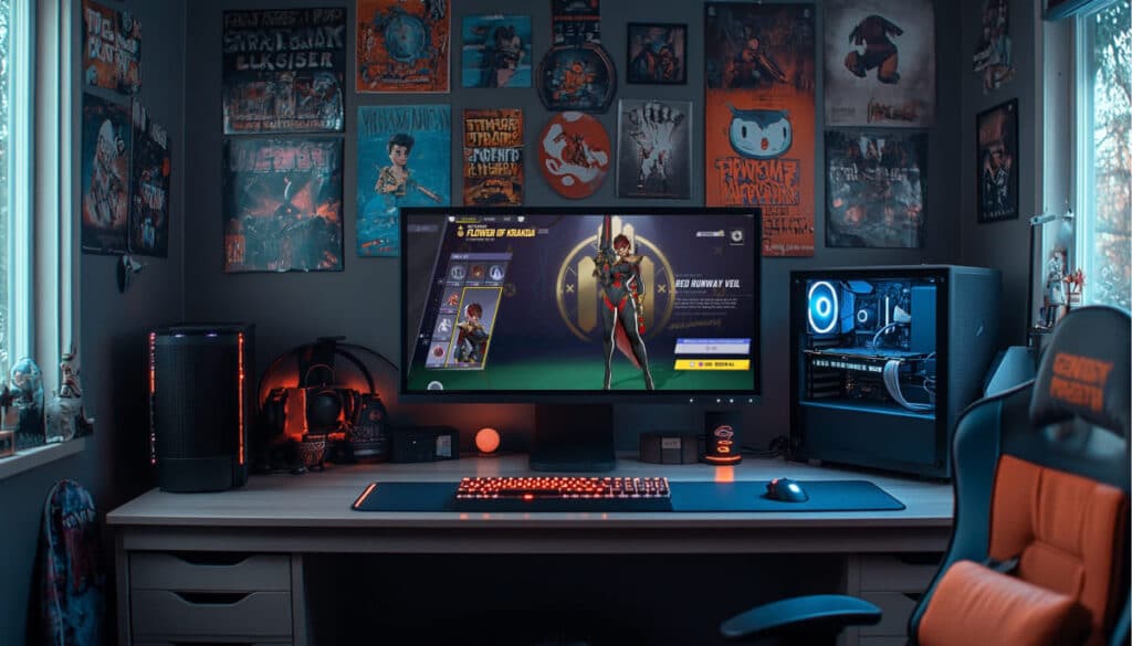 A gaming setup featuring a large monitor displaying character customization, RGB lighting, and vibrant wall art in a cozy room.
