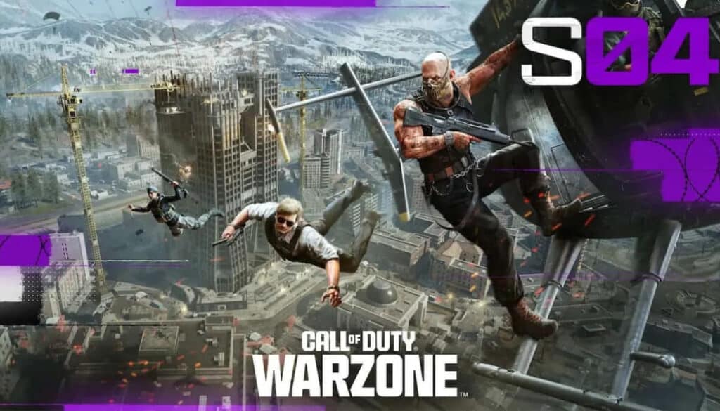Action-packed scene from Call of Duty: Warzone, featuring characters parachuting over a cityscape with mountains in the background.