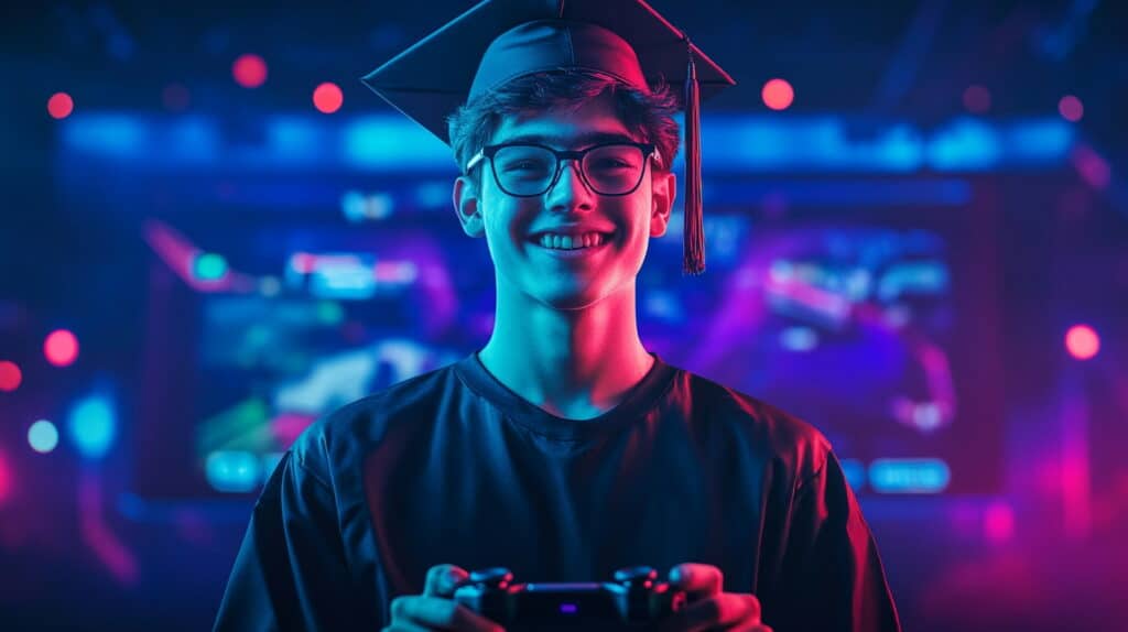Smiling student in a graduation cap holding a game controller with colorful esports gameplay screens in the background, symbolizing college scholarships for esports in 2025
