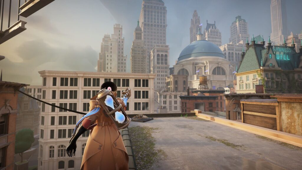 Deadlock hero using an air vent to launch across rooftops