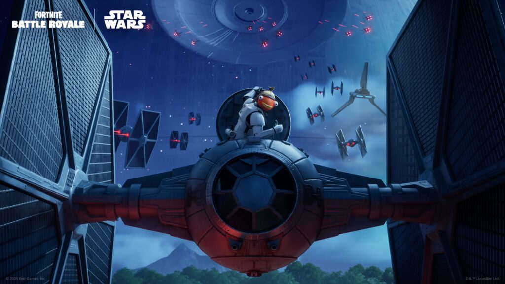 A Fortnite character in a TIE fighter flies through a battle scene filled with TIE fighters against a starry backdrop.