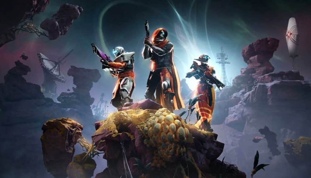 Three Destiny 2 Guardians in orange armor pose on a rocky alien landscape for The Edge of Fate expansion.