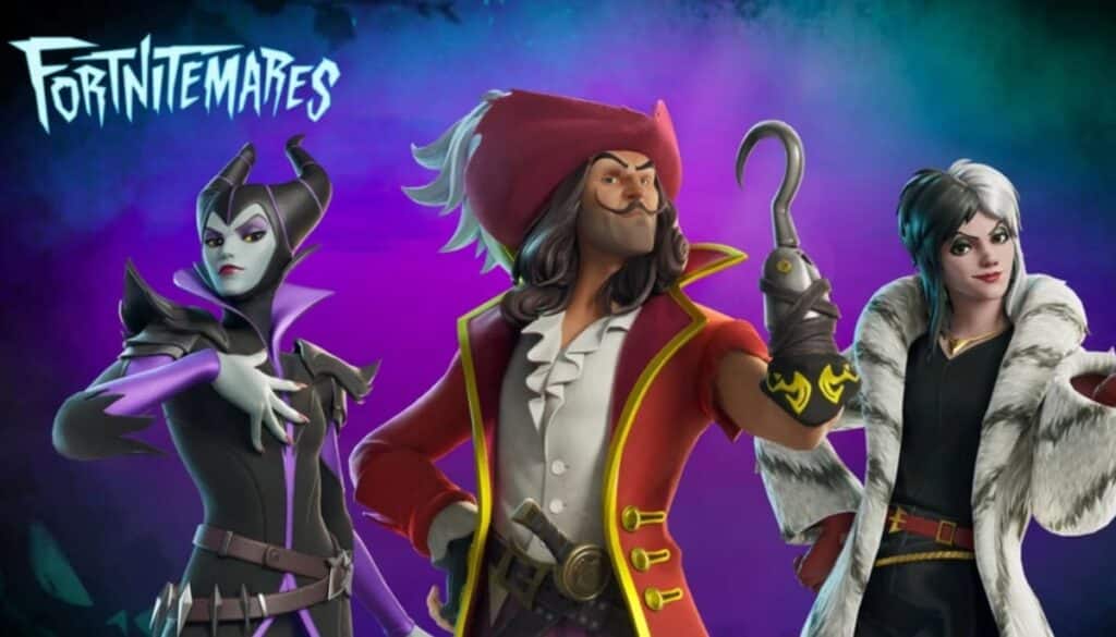 Disney villain skins in Fortnite: Maleficent, Captain Hook, and Cruella de Vil featured as part of the current Disney character lineup available in the game.