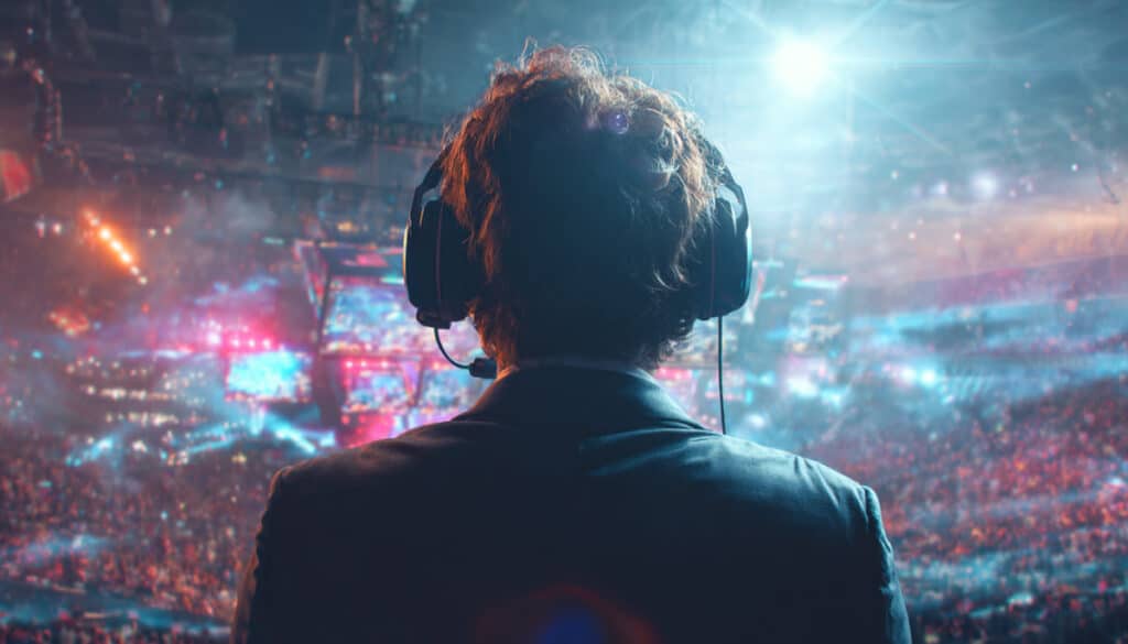 Esports commentator in headset overlooking a crowded, brightly lit arena with large gaming screens