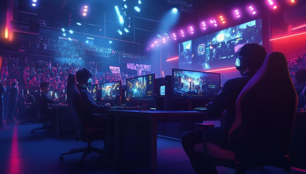 Esports players on stage with glowing monitors and a large screen, showcasing the atmosphere of competitive gaming.